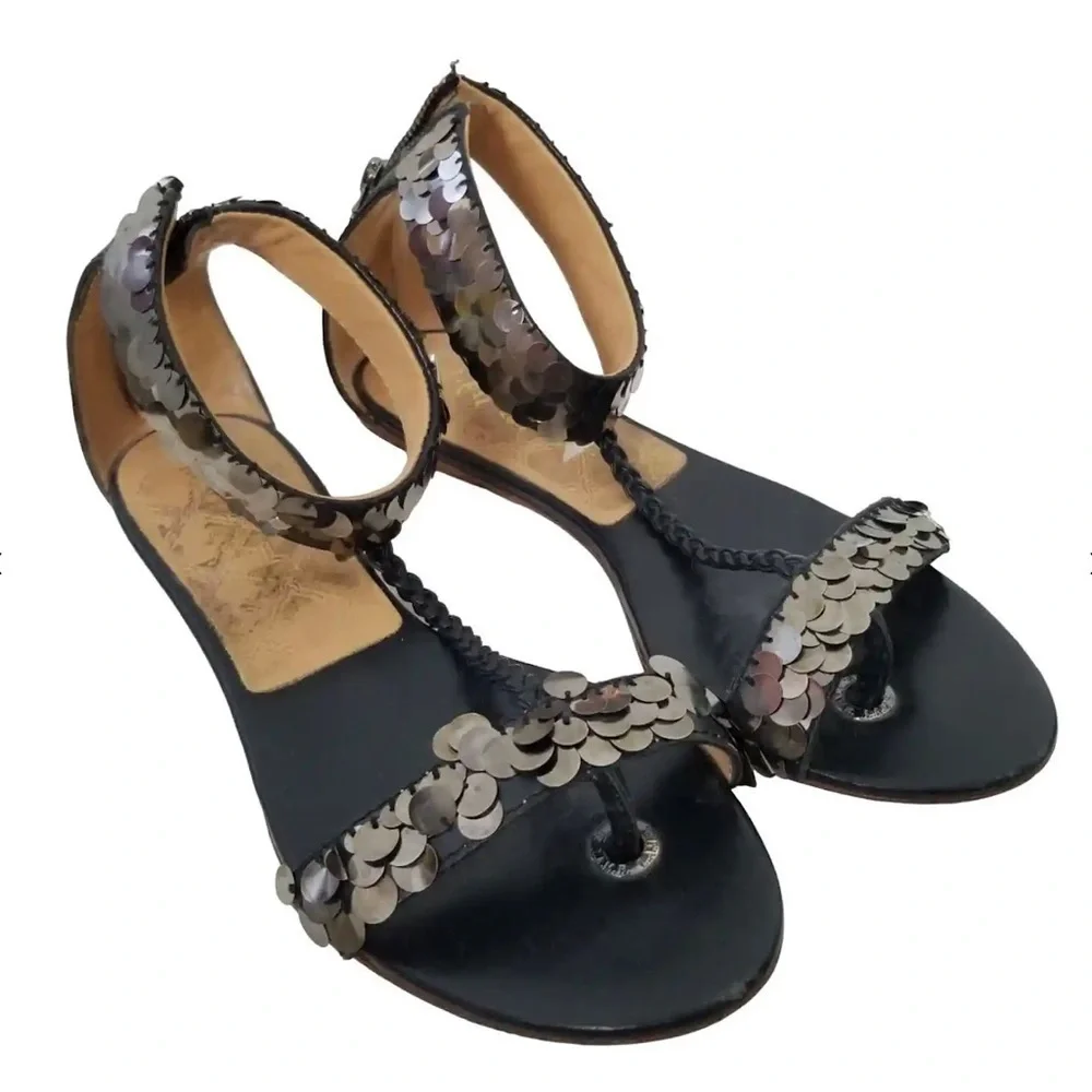 NWOT L.A.M.B. BLACK PATENTED LEATHER GUNMETAL SEQUIN‎ SANDAL​​​​​ - Picture 3 of 3